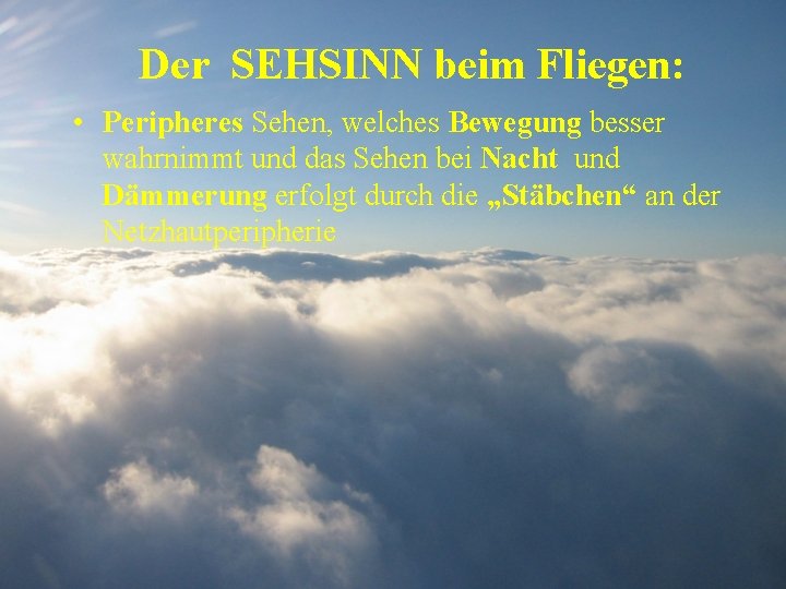 Der SEHSINN beim Fliegen: • Peripheres Sehen, welches Bewegung besser wahrnimmt und das Sehen