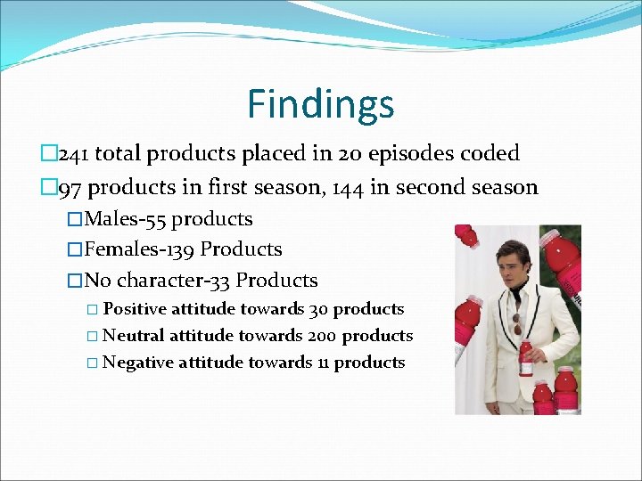 Findings � 241 total products placed in 20 episodes coded � 97 products in