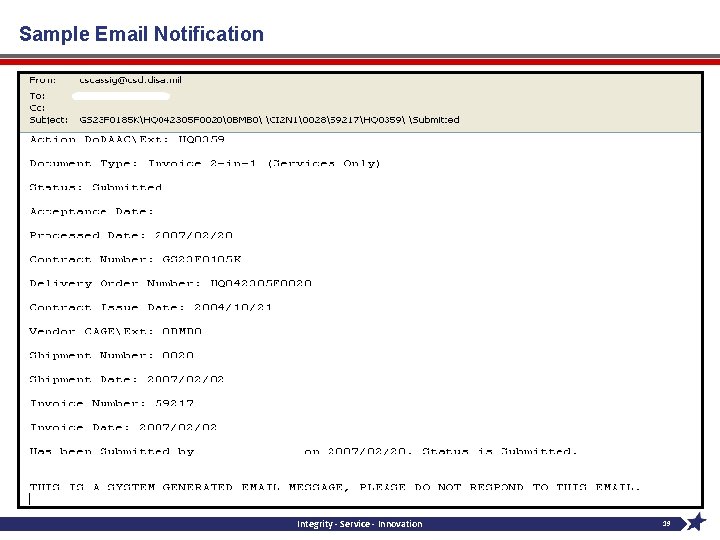 Sample Email Notification Integrity - Service - Innovation 19 