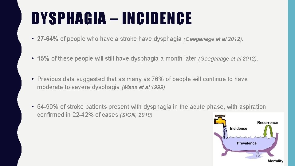 DYSPHAGIA – INCIDENCE • 27 -64% of people who have a stroke have dysphagia