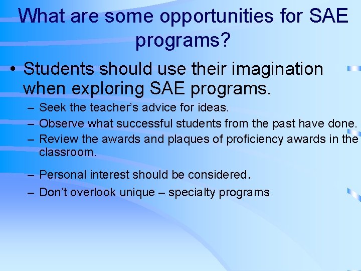 What are some opportunities for SAE programs? • Students should use their imagination when