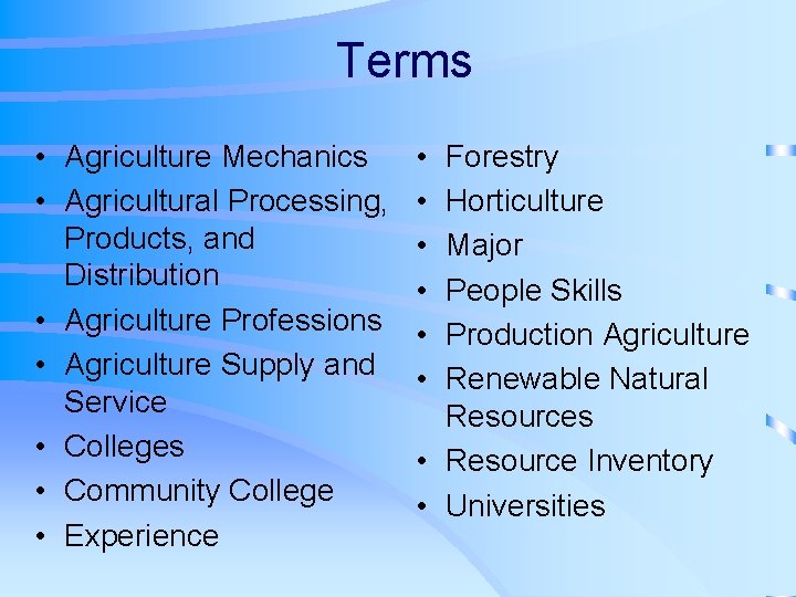 Terms • Agriculture Mechanics • Agricultural Processing, Products, and Distribution • Agriculture Professions •