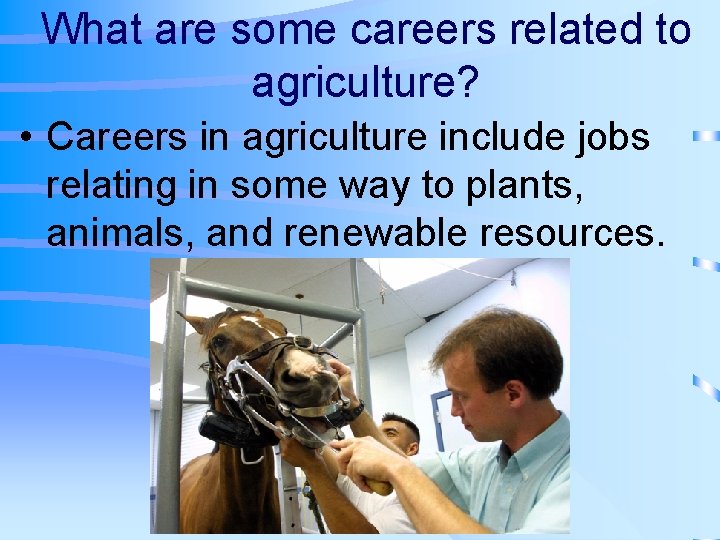 What are some careers related to agriculture? • Careers in agriculture include jobs relating