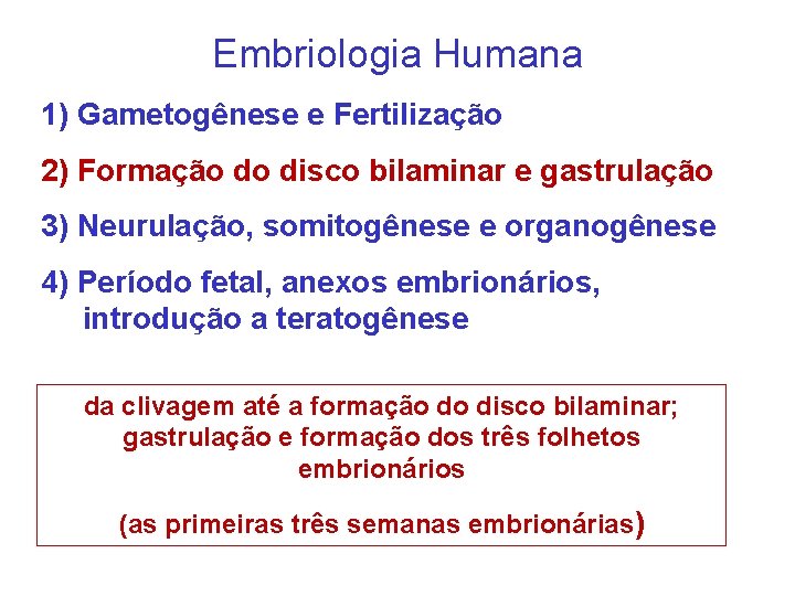 Embriologia Humana 1) Gametogênese e Fertilização 2) Formação do disco bilaminar e gastrulação 3)