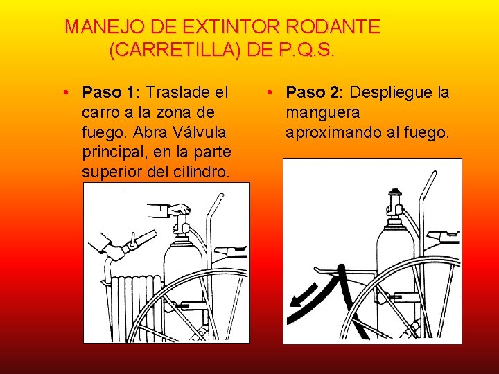 MANEJO DE EXTINTOR RODANTE (CARRETILLA) DE P. Q. S. • Paso 1: Traslade el