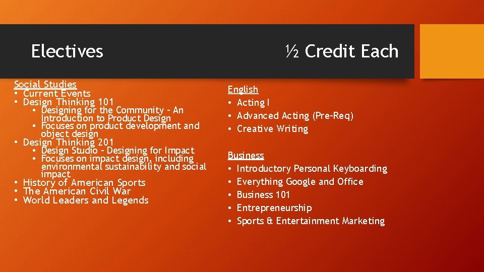 Electives Social Studies • Current Events • Design Thinking 101 • Designing for the