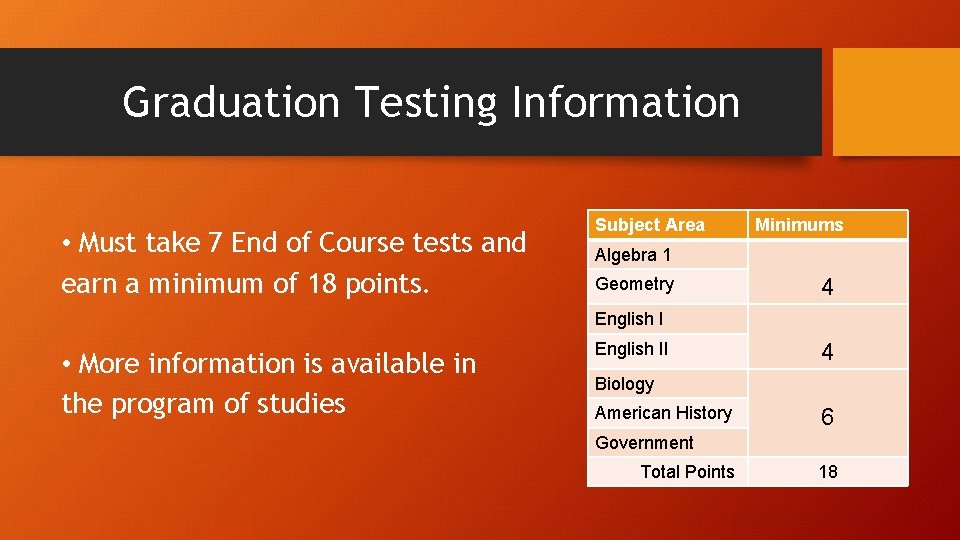 Graduation Testing Information • Must take 7 End of Course tests and earn a