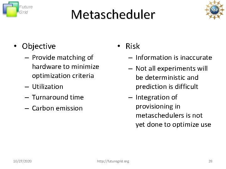 Future Grid Metascheduler • Objective • Risk – Provide matching of hardware to minimize Future Grid Metascheduler • Objective • Risk – Provide matching of hardware to minimize