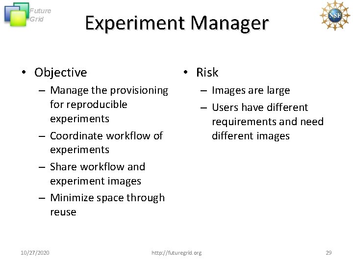 Future Grid Experiment Manager • Objective • Risk – Manage the provisioning for reproducible Future Grid Experiment Manager • Objective • Risk – Manage the provisioning for reproducible