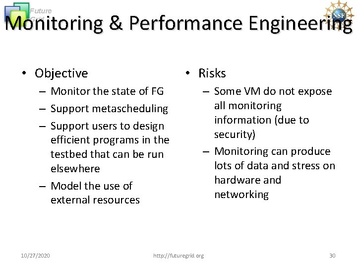 Future Grid Monitoring & Performance Engineering • Objective • Risks – Monitor the state Future Grid Monitoring & Performance Engineering • Objective • Risks – Monitor the state
