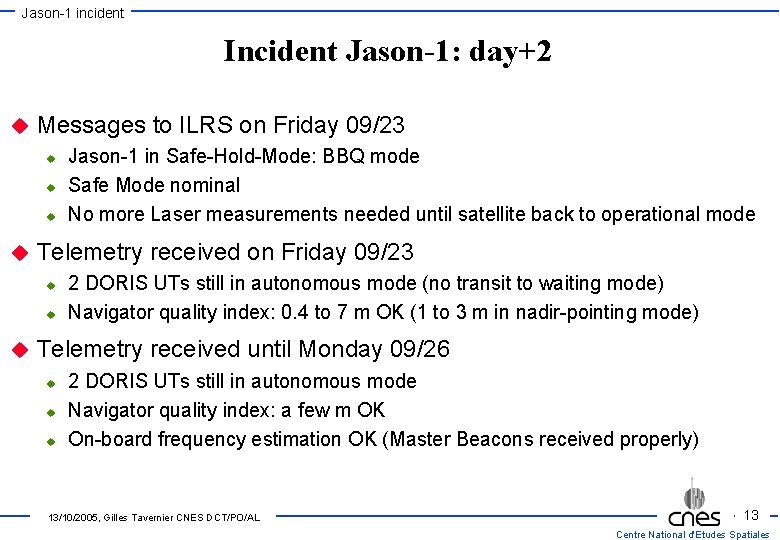 Jason-1 incident Incident Jason-1: day+2 u Messages to ILRS on Friday 09/23 u u