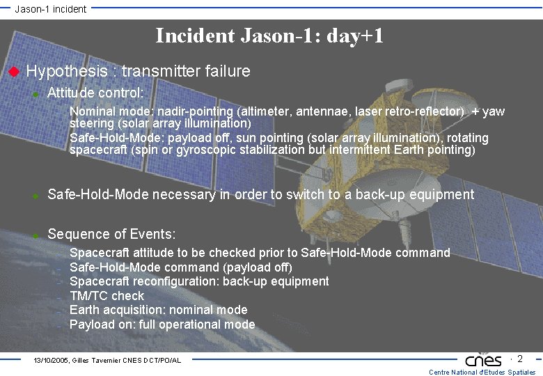 Jason-1 incident Incident Jason-1: day+1 u Hypothesis : transmitter failure u Attitude control: -