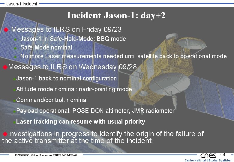 Jason-1 incident Incident Jason-1: day+2 u Messages to ILRS on Friday 09/23 u u
