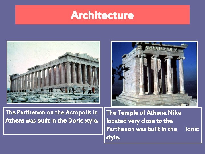 Architecture The Parthenon on the Acropolis in Athens was built in the Doric style.