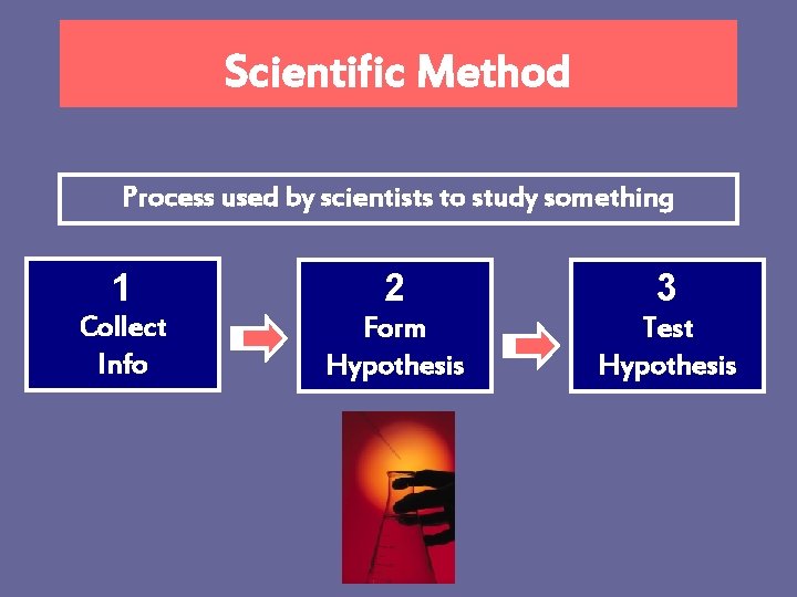 Scientific Method Process used by scientists to study something 1 2 3 Collect Info