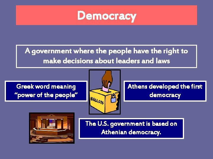 Democracy A government where the people have the right to make decisions about leaders