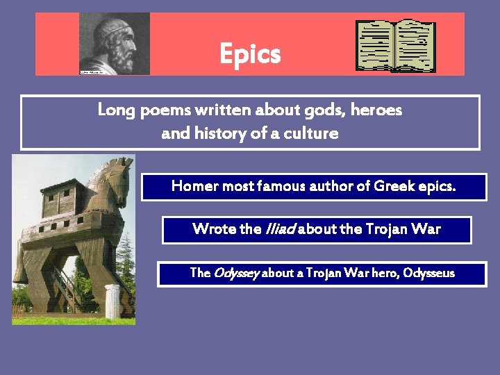 Epics Long poems written about gods, heroes and history of a culture Homer most