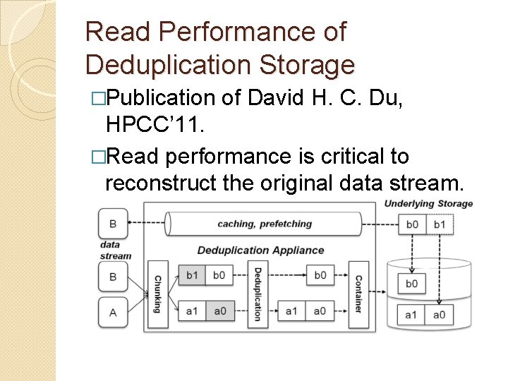 Read Performance of Deduplication Storage �Publication of David H. C. Du, HPCC’ 11. �Read