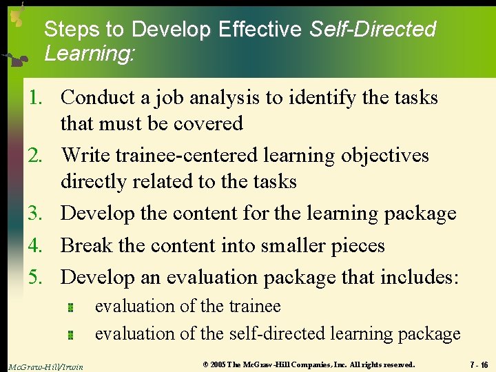Steps to Develop Effective Self-Directed Learning: 1. Conduct a job analysis to identify the
