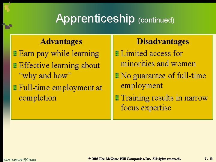 Apprenticeship (continued) Advantages Earn pay while learning Effective learning about “why and how” Full-time