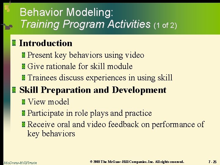 Behavior Modeling: Training Program Activities (1 of 2) Introduction Present key behaviors using video