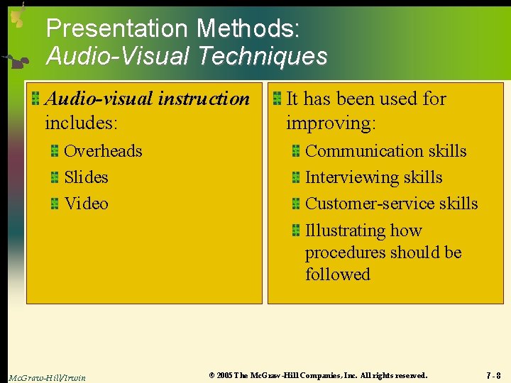 Presentation Methods: Audio-Visual Techniques Audio-visual instruction includes: Overheads Slides Video Mc. Graw-Hill/Irwin It has