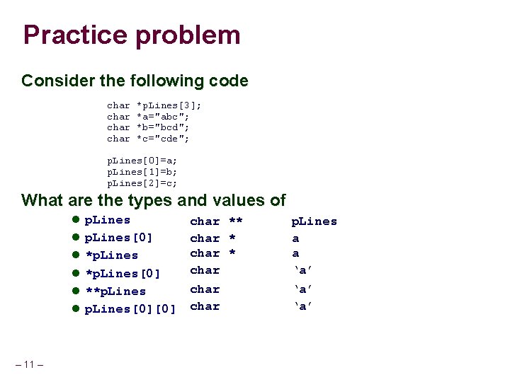 Practice problem Consider the following code char *p. Lines[3]; *a="abc"; *b="bcd"; *c="cde"; p. Lines[0]=a;