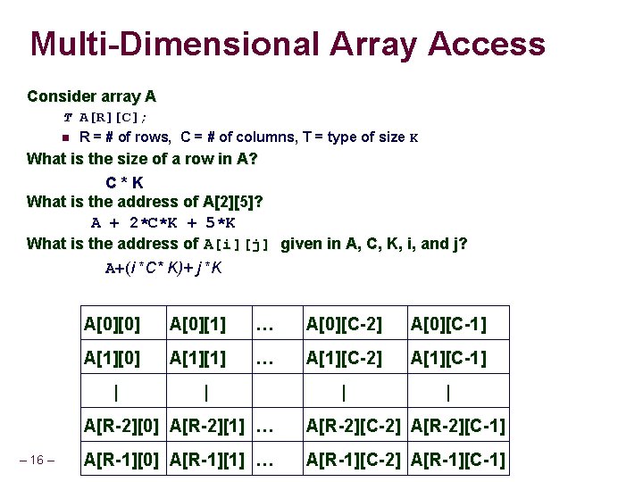 Multi-Dimensional Array Access Consider array A T A[R][C]; R = # of rows, C