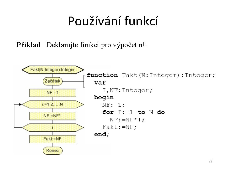 Používání funkcí Příklad Deklarujte funkci pro výpočet n!. 92 