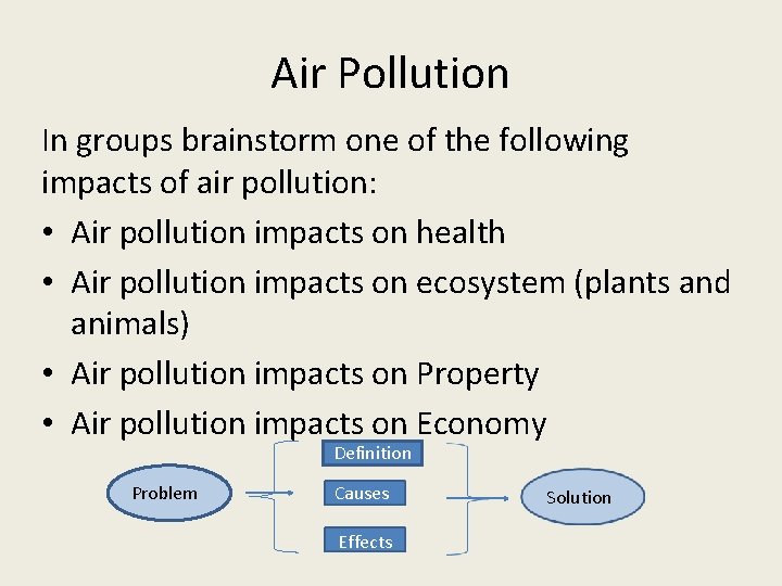 Air Pollution In groups brainstorm one of the following impacts of air pollution: •