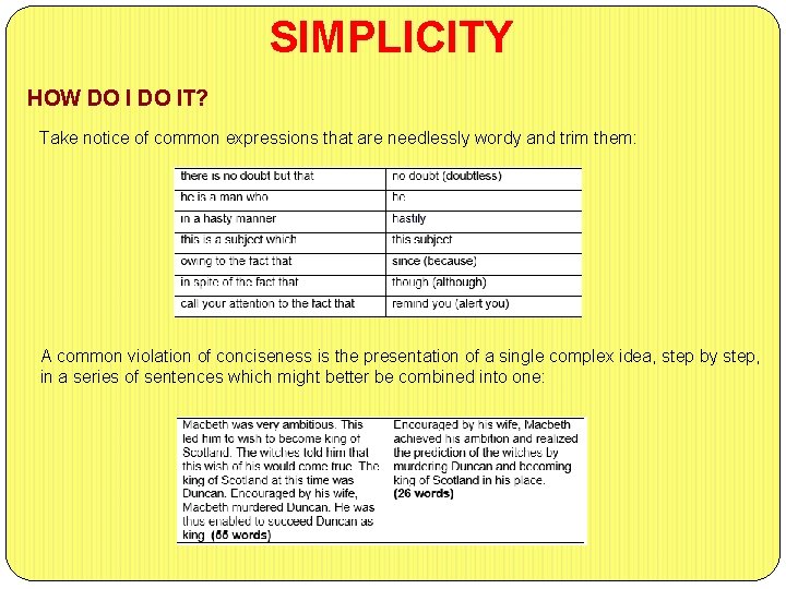 SIMPLICITY HOW DO IT? Take notice of common expressions that are needlessly wordy and