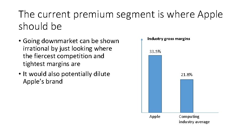 The current premium segment is where Apple should be • Going downmarket can be