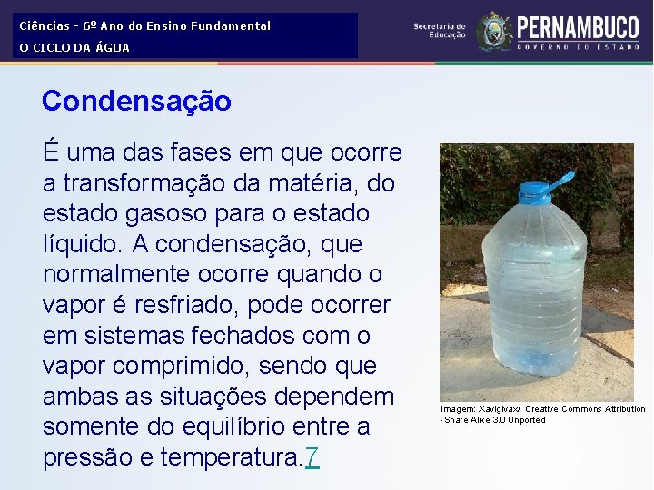 Ciências - 6º Ano do Ensino Fundamental O CICLO DA ÁGUA Condensação É uma