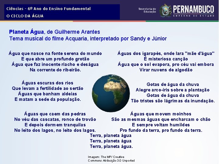 Ciências - 6º Ano do Ensino Fundamental O CICLO DA ÁGUA Planeta Água, de