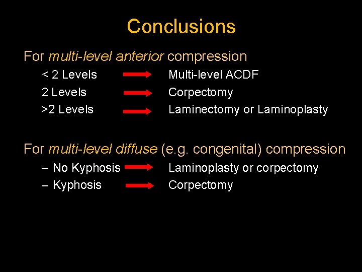 Conclusions For multi-level anterior compression < 2 Levels >2 Levels Multi-level ACDF Corpectomy Laminectomy
