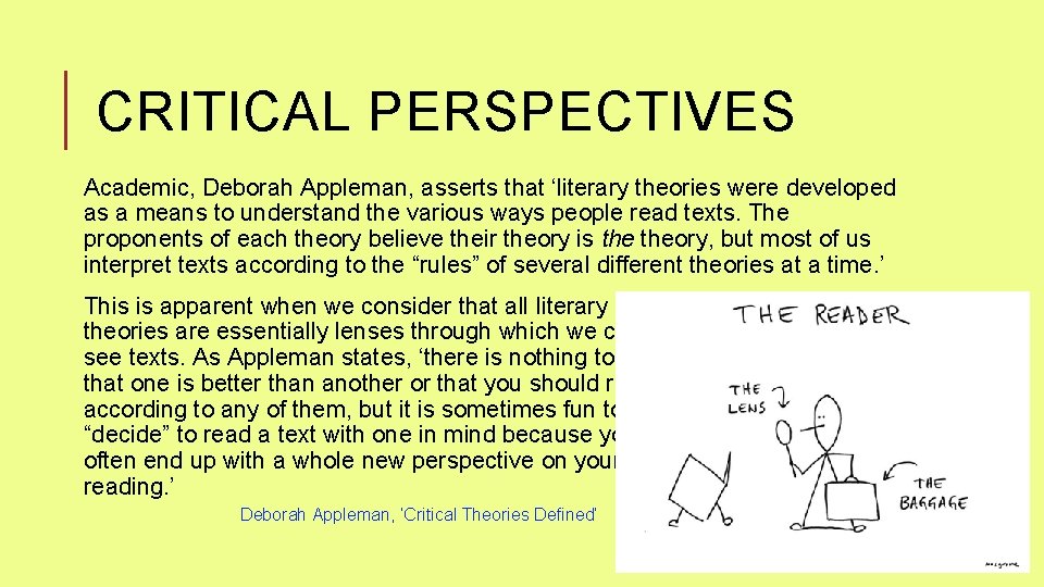 CRITICAL PERSPECTIVES Academic, Deborah Appleman, asserts that ‘literary theories were developed as a means