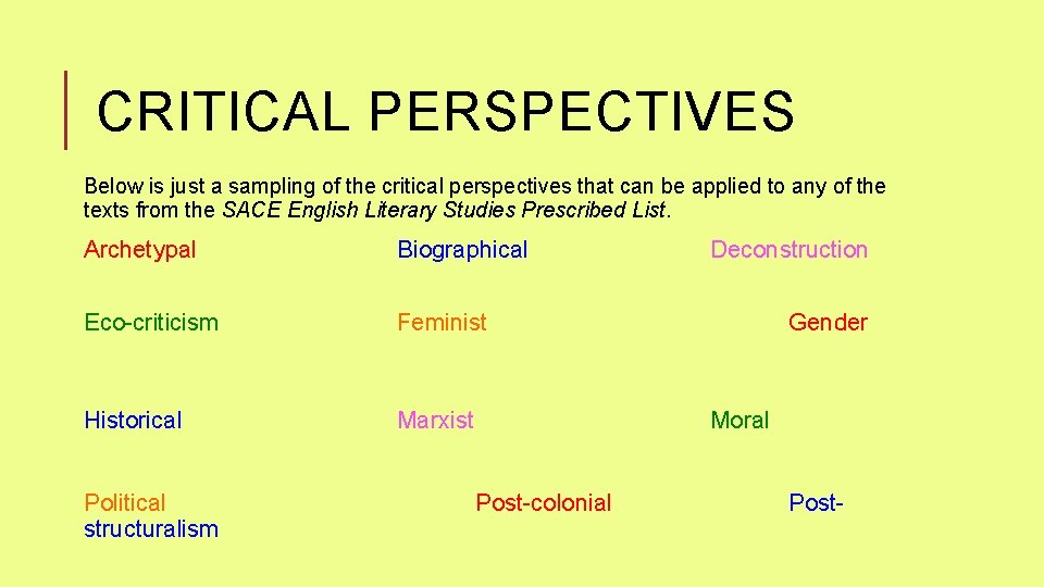 CRITICAL PERSPECTIVES Below is just a sampling of the critical perspectives that can be