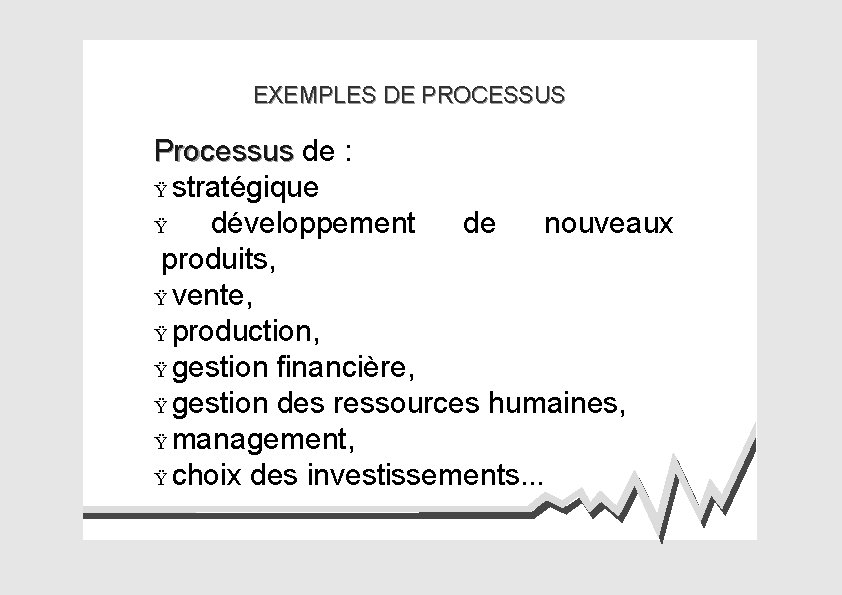 EXEMPLES DE PROCESSUS Processus de : Ÿ stratégique Ÿ développement de nouveaux produits, Ÿ