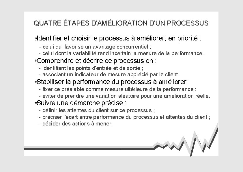 QUATRE ÉTAPES D'AMÉLIORATION D'UN PROCESSUS ŸIdentifier et choisir le processus à améliorer, en priorité