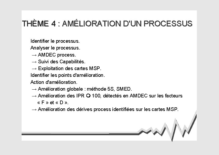 THÈME 4 : AMÉLIORATION D'UN PROCESSUS Identifier le processus. Analyser le processus. → AMDEC