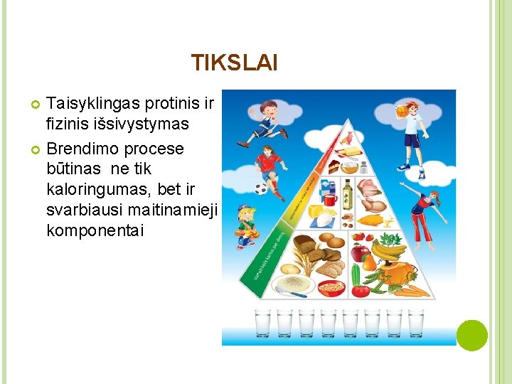 TIKSLAI Taisyklingas protinis ir fizinis išsivystymas Brendimo procese būtinas ne tik kaloringumas, bet ir