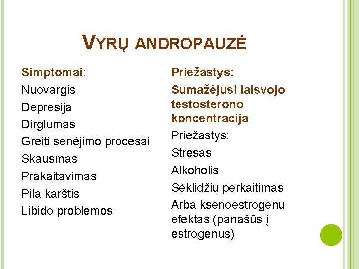 VYRŲ ANDROPAUZĖ Simptomai: Nuovargis Depresija Dirglumas Greiti senėjimo procesai Skausmas Prakaitavimas Pila karštis Libido