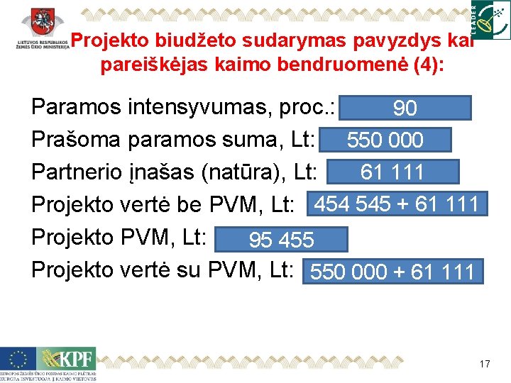 Projekto biudžeto sudarymas pavyzdys kai pareiškėjas kaimo bendruomenė (4): Paramos intensyvumas, proc. : 90