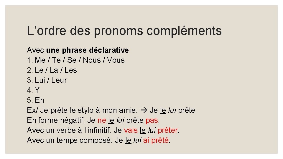 L’ordre des pronoms compléments Avec une phrase déclarative 1. Me / Te / Se