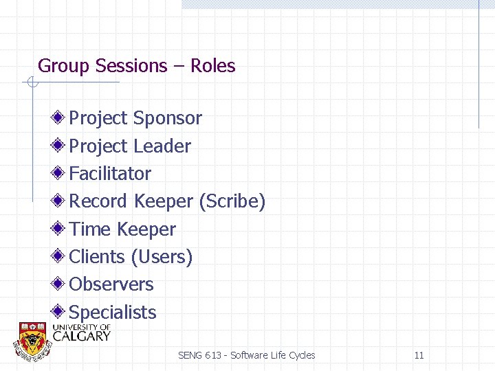 Group Sessions – Roles Project Sponsor Project Leader Facilitator Record Keeper (Scribe) Time Keeper