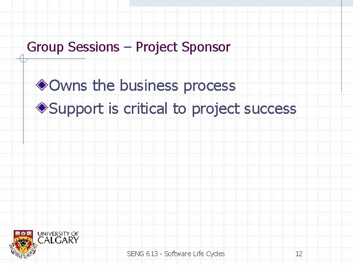 Group Sessions – Project Sponsor Owns the business process Support is critical to project