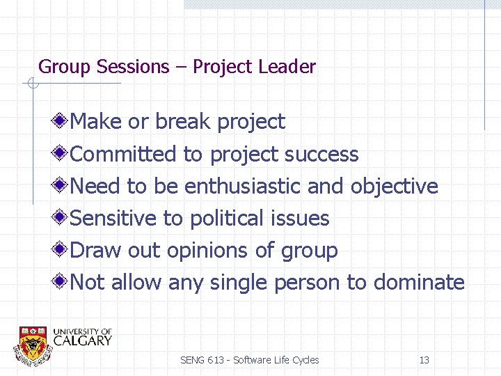 Group Sessions – Project Leader Make or break project Committed to project success Need