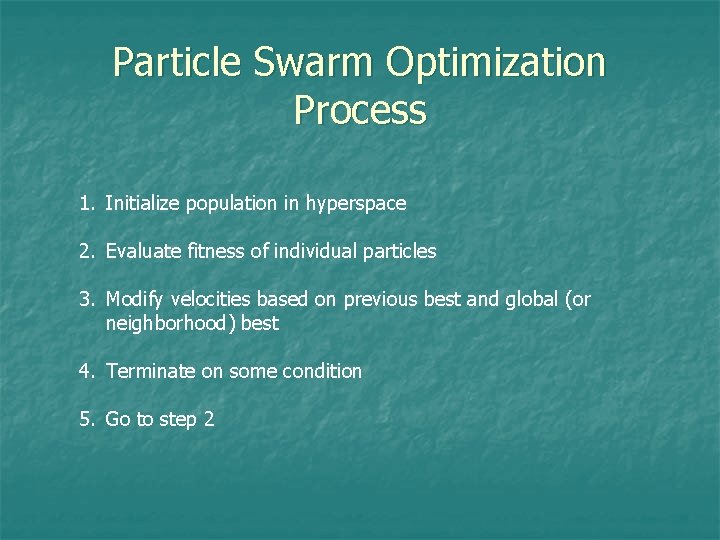 Particle Swarm Optimization Process 1. Initialize population in hyperspace 2. Evaluate fitness of individual