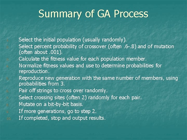 Summary of GA Process 1. 2. 3. 4. 5. 6. 7. 8. 9. 10.