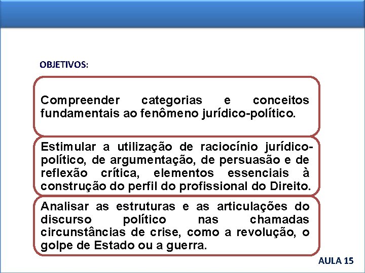 OBJETIVOS: Compreender categorias e conceitos fundamentais ao fenômeno jurídico-político. Estimular a utilização de raciocínio